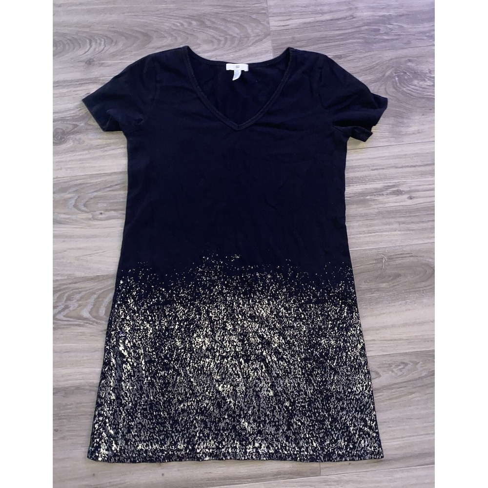 BP Womens Size XS Black Foil metallic Detail V Neck Short Sleeve Shirt Dress